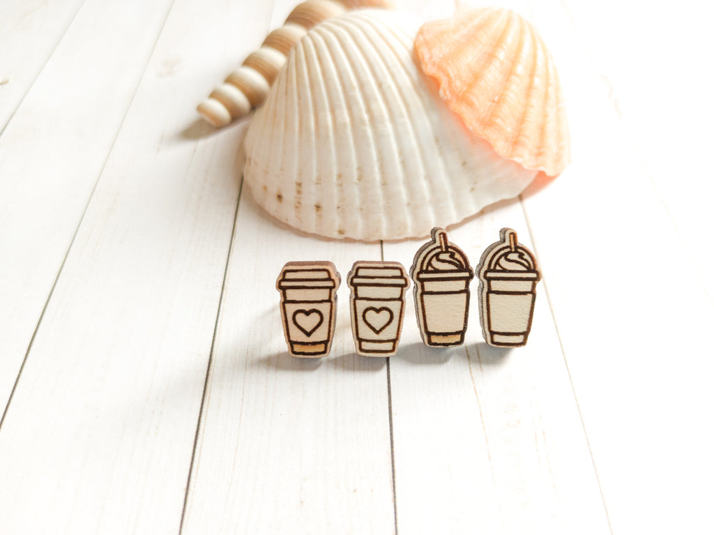 Wooden Coffee Heart & Frappe Stud Earrings.