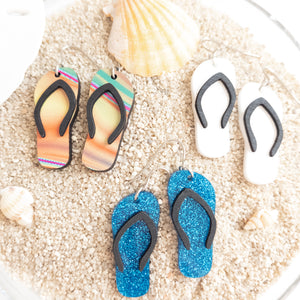 Open image in slideshow, Flip Flop earrings in sunrise yellow, white and blue.
