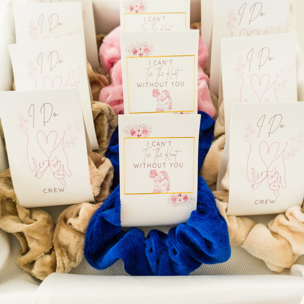 Bridal Scrunchies for Wedding Party with I Do Crew tags or I Can't Tie the Knot Without You tags in gold, champagne, pink and blue.